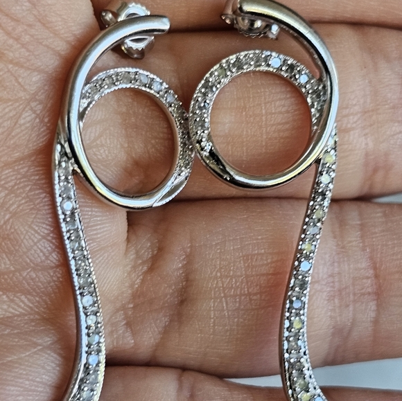 White Gold Diamond Loop Dangle Earrings - Picture 6 of 8
